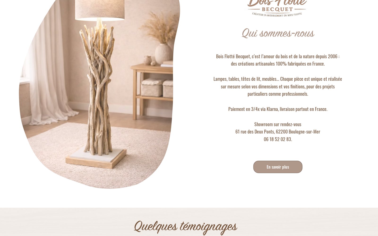 Page atelier de Bois Flotté Becquet présentant le créateur et ses pièces uniques en bois flotté