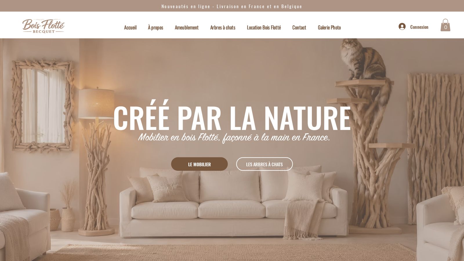 Page d'accueil du site internet Bois Flotté Becquet réalisé par TEMPO — E-commerce mobilier & arbres à chat bois flotté — Boulogne-sur-Mer