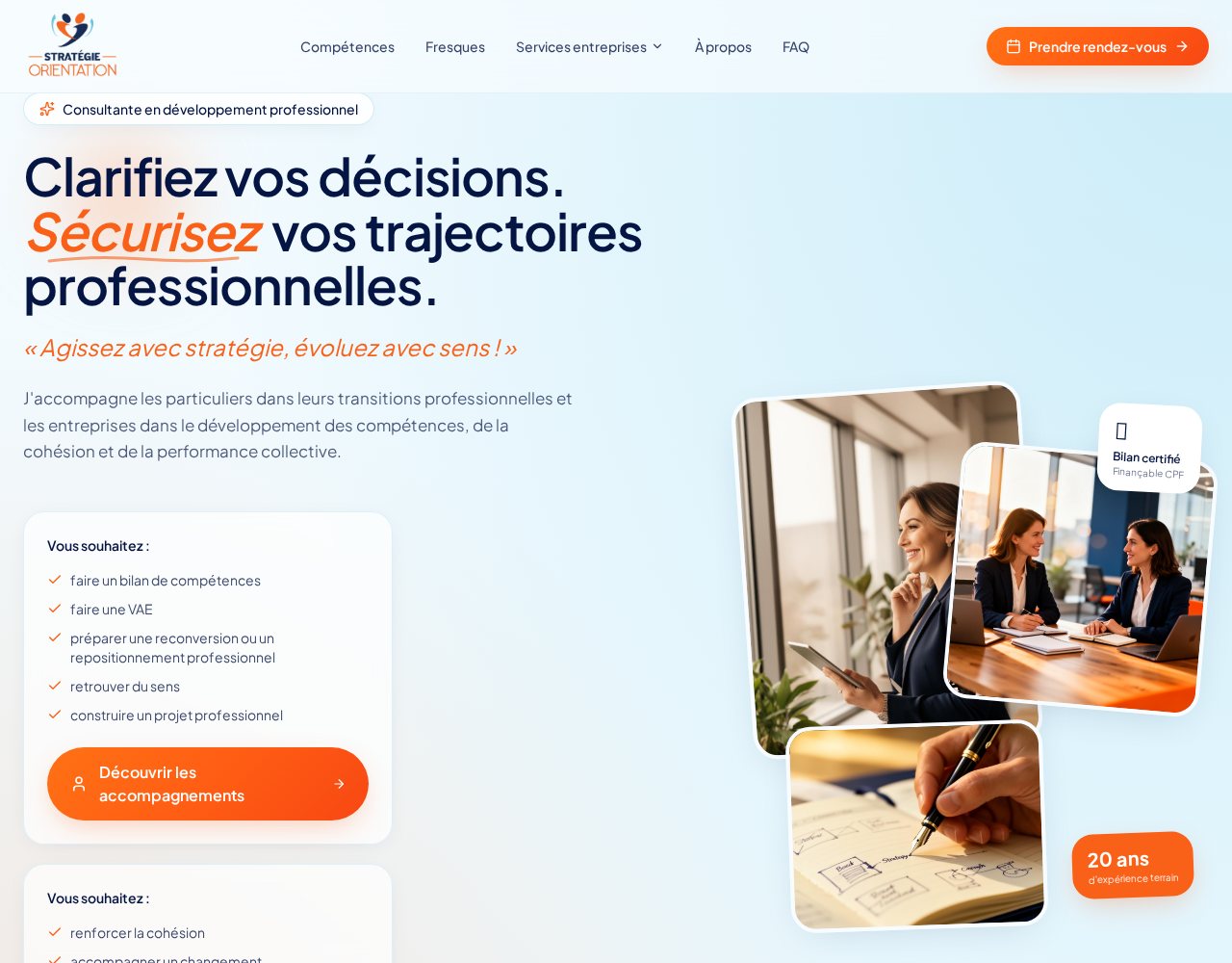 Page d'accueil de Stratégie Orientation avec les deux parcours particuliers et entreprises