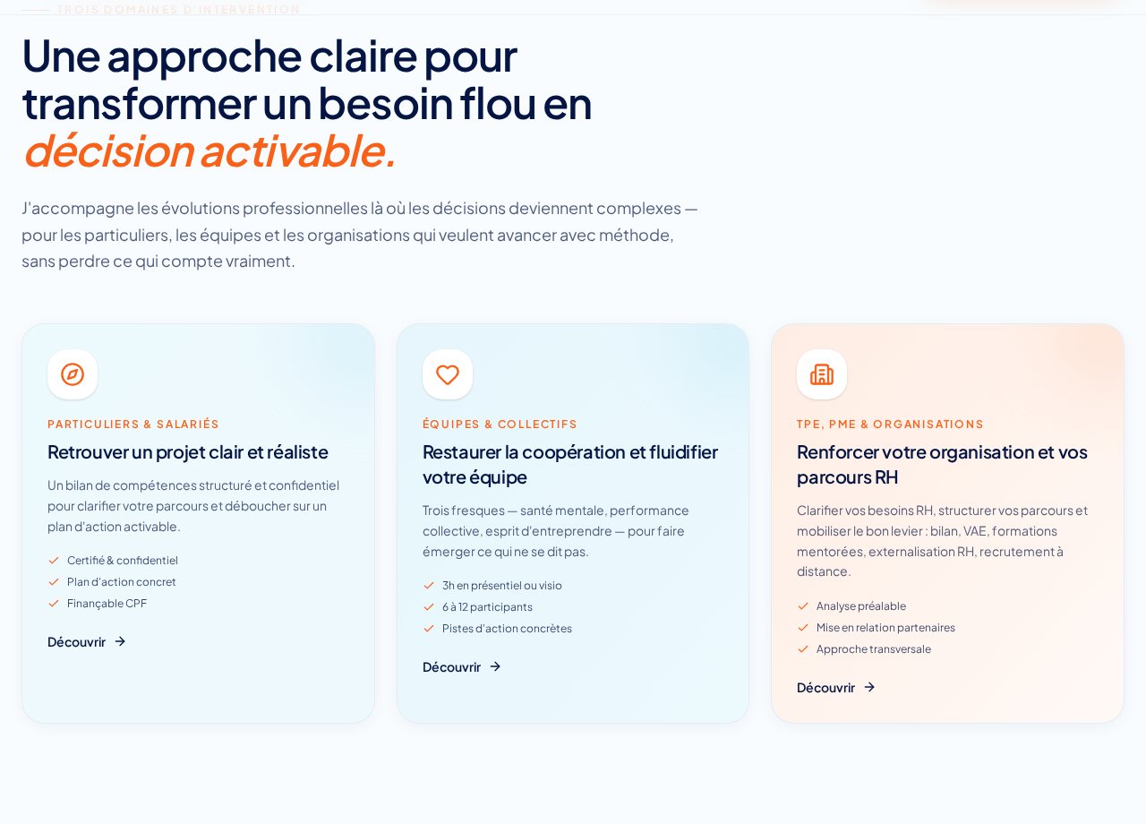 Les trois domaines d'intervention de Stratégie Orientation : particuliers, équipes et organisations