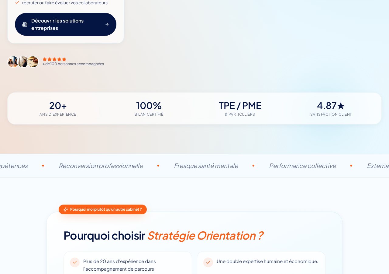Références affichées par Stratégie Orientation : 20 ans d'expérience, bilan certifié, note de 4,87 sur 5