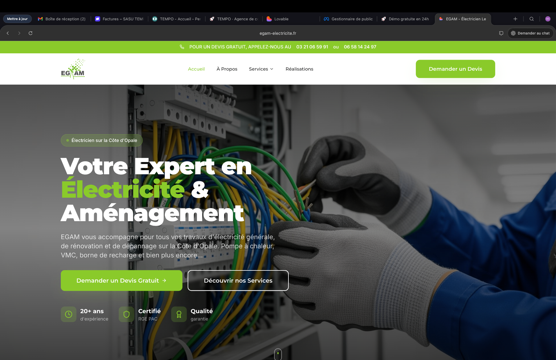 Site EGAM Électricité après la refonte premium par Tempo