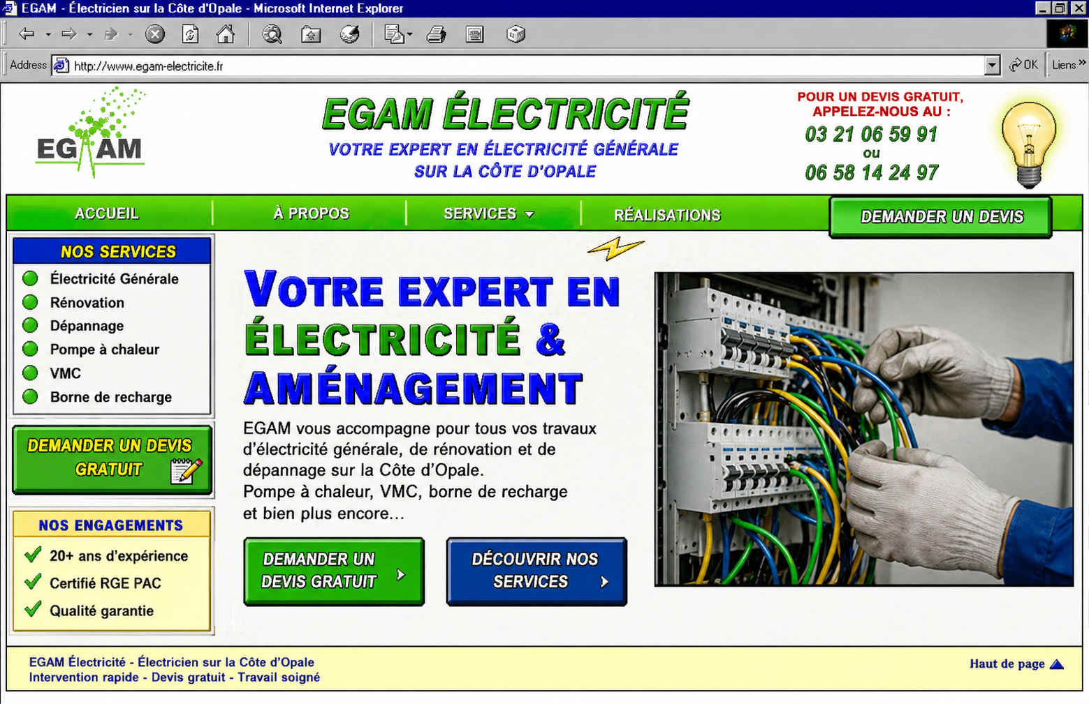 Site EGAM Électricité avant la refonte par Tempo