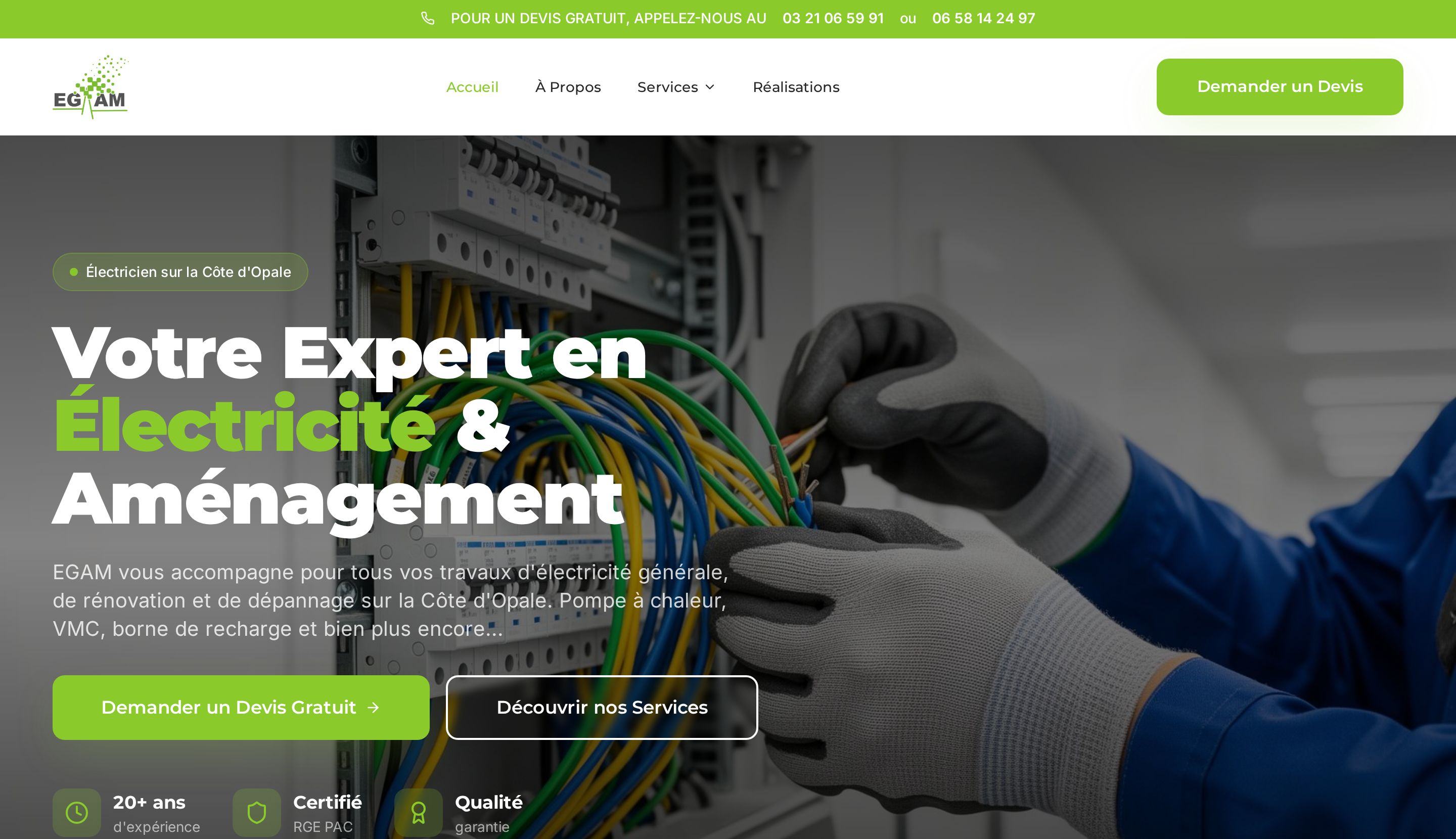 Page d'accueil du site d'EGAM Électricité, électricien à Cucq sur la Côte d'Opale