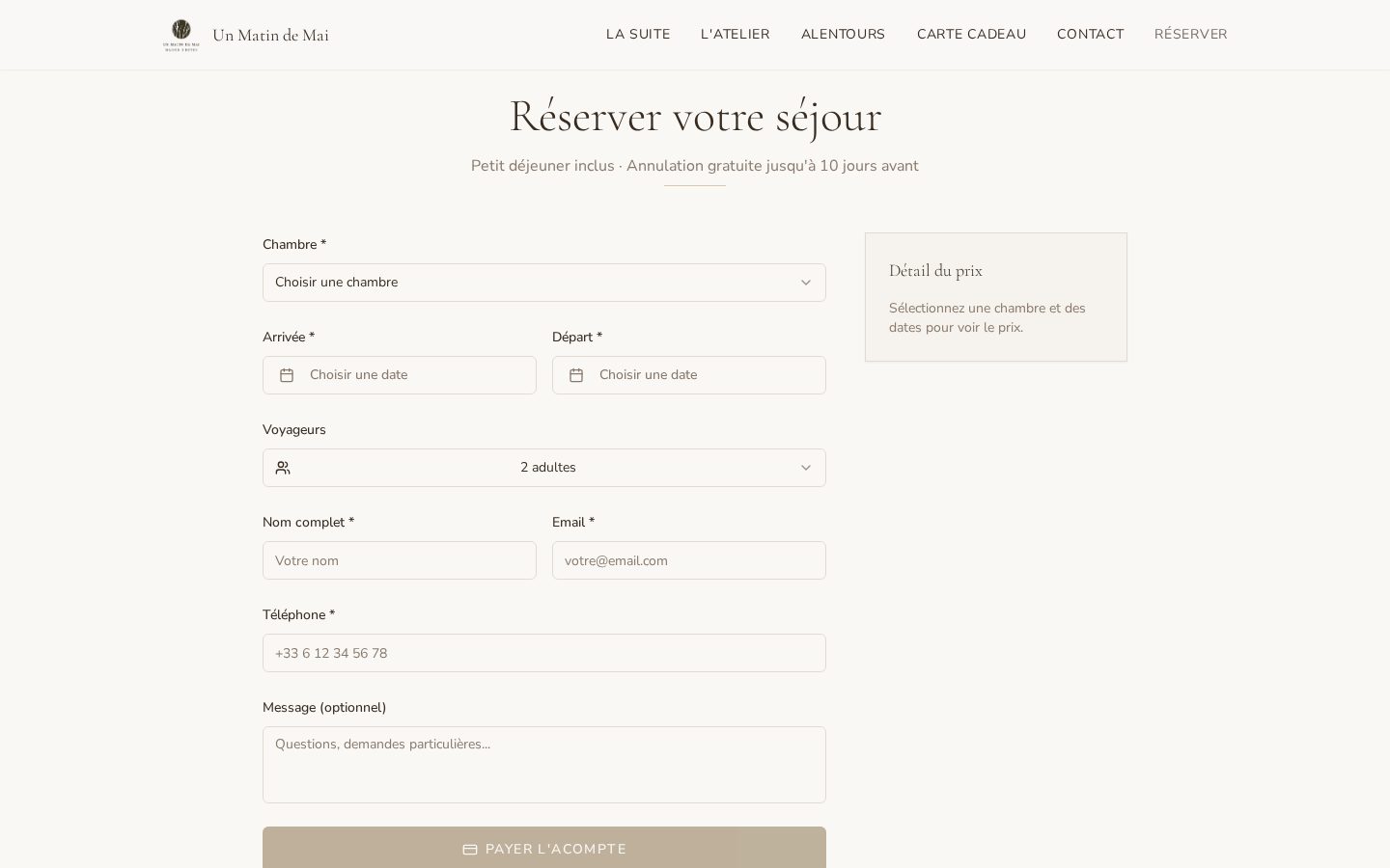 Moteur de réservation en ligne avec calendrier et paiement Stripe du site de chambre d'hôtes Un Matin de Mai