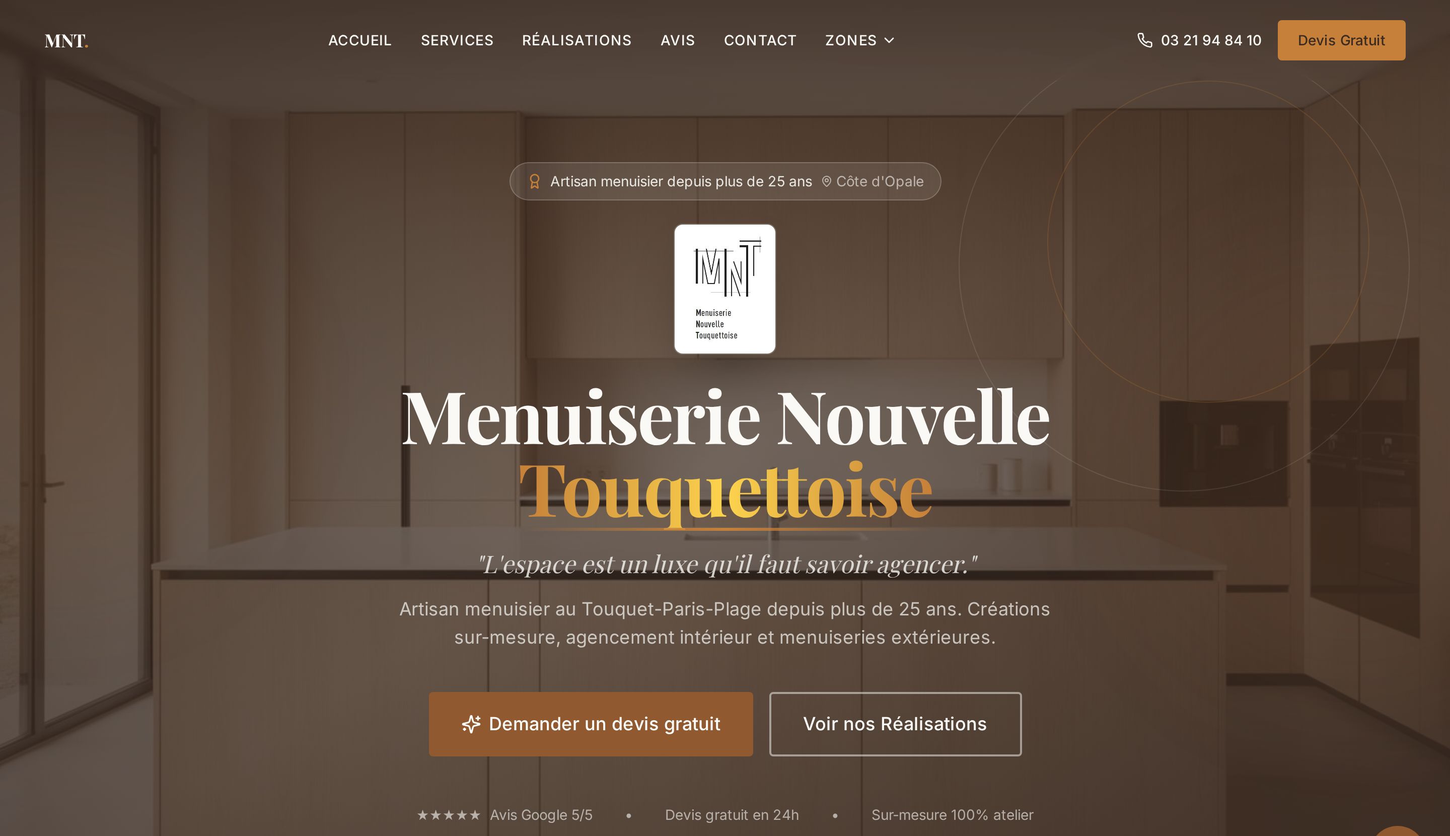 Page d'accueil du site de la Menuiserie Nouvelle Touquettoise, artisan menuisier au Touquet-Paris-Plage