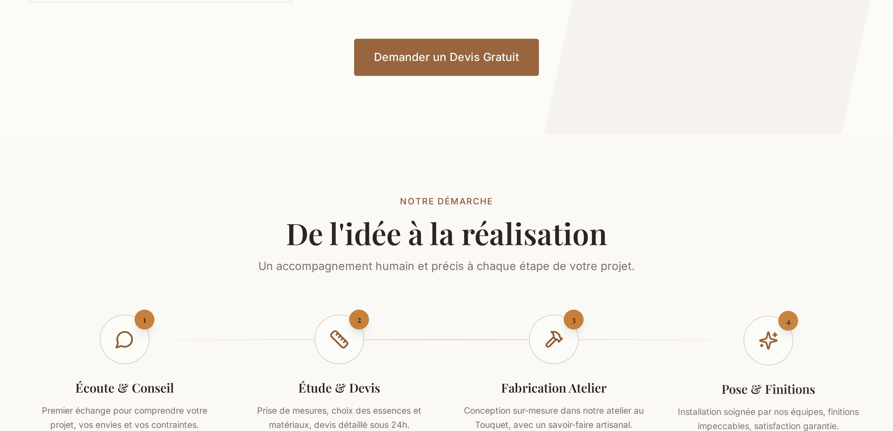 Prestations de menuiserie présentées une par une sur le site, dont l'aménagement de van