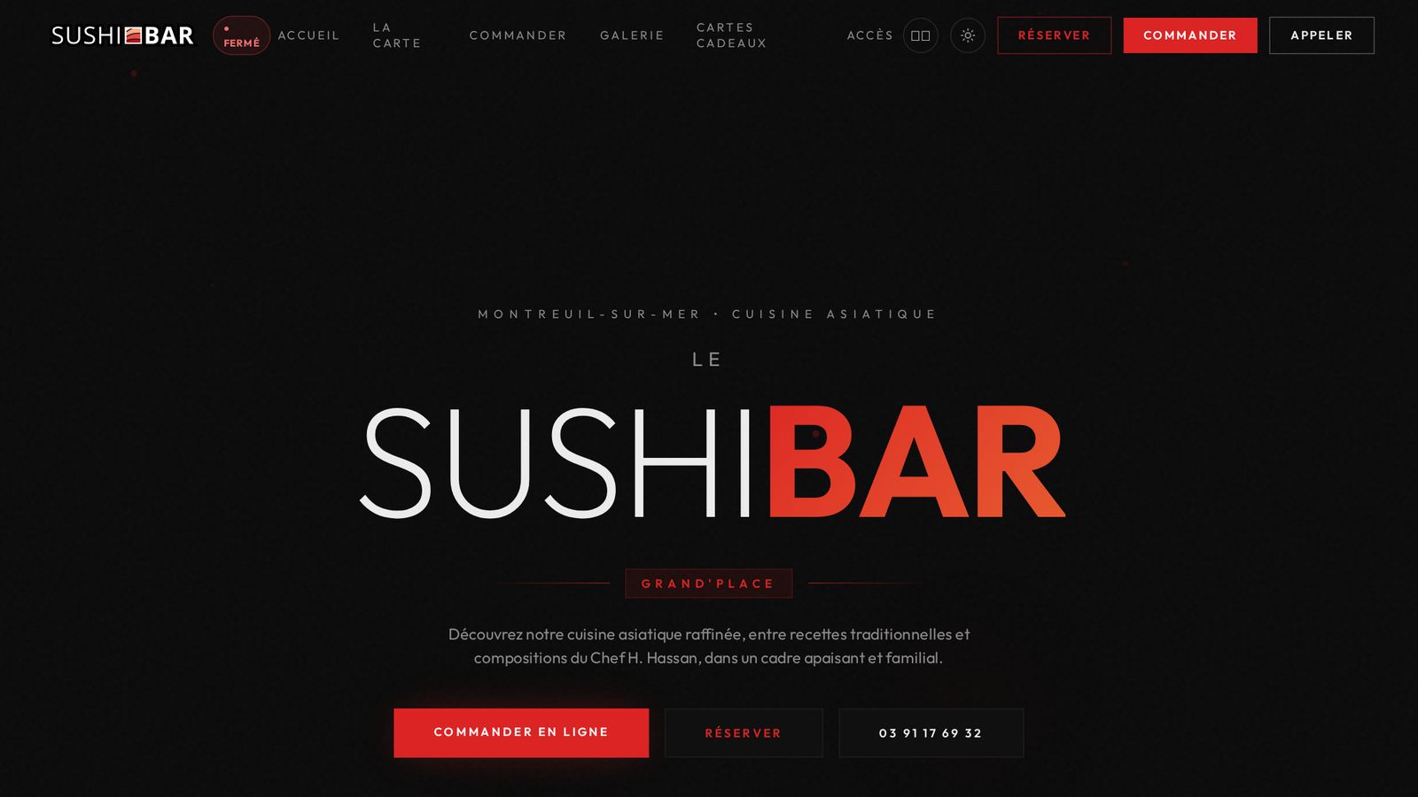 Page d'accueil du site internet Rouge Noir Sushi Lounge réalisé par TEMPO — Restaurant japonais — Boulogne-sur-Mer