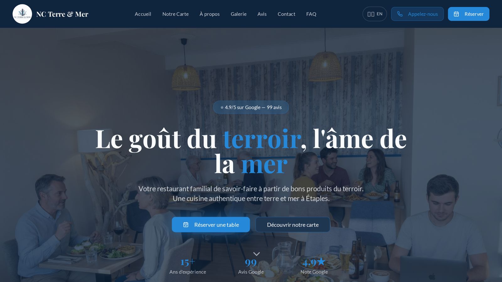 Page d'accueil du site internet NC Terre & Mer réalisé par TEMPO — Restaurant familial — Étaples-sur-Mer