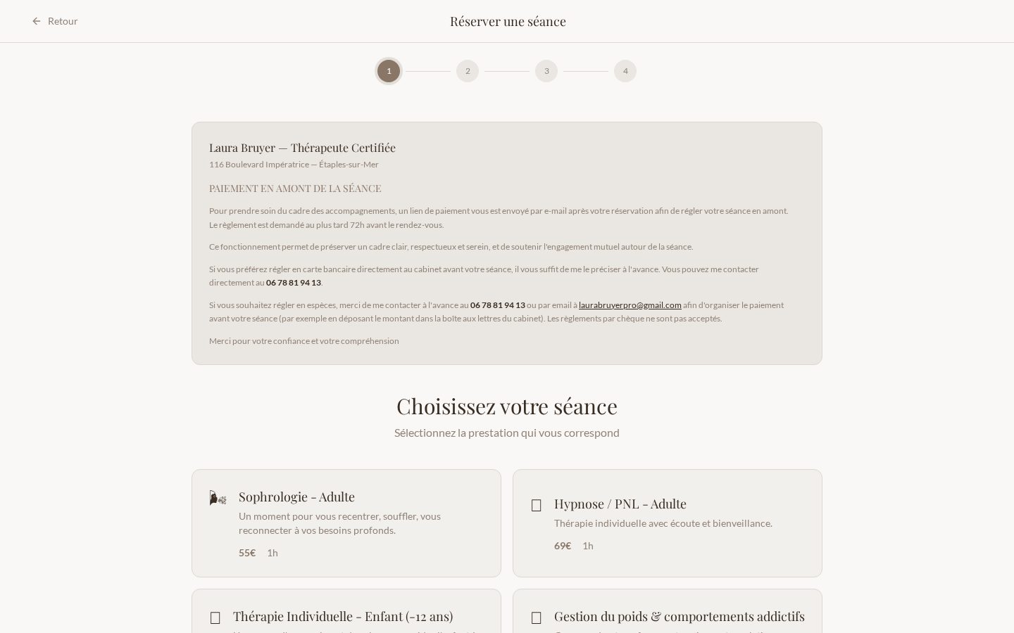Tunnel de réservation en ligne du site de thérapeute, avec choix de la séance et de sa durée