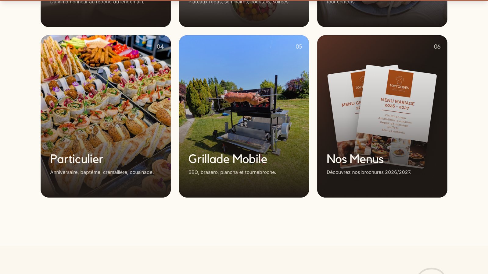 Types d'événements du traiteur présentés séparément : particulier, grillade mobile et menus