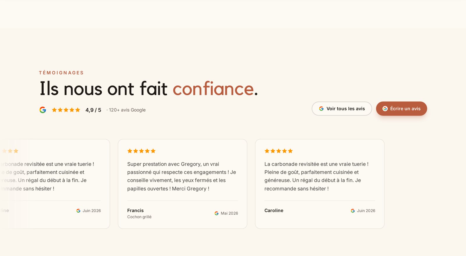 Avis Google du traiteur affichés sur le site avec la note de 4,9 sur 5