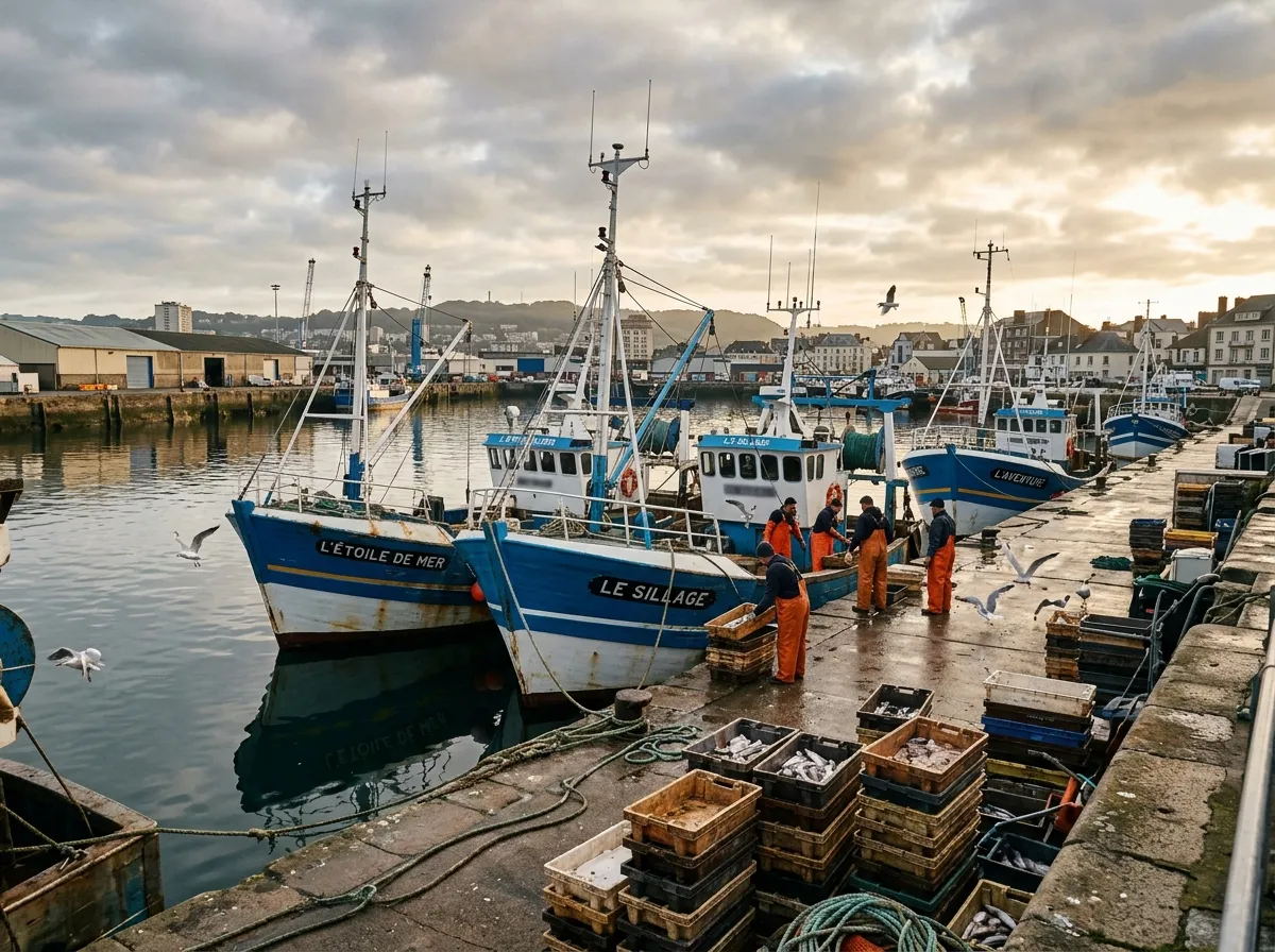 Chalutiers amarrés au port de pêche de Boulogne-sur-Mer au petit matin
