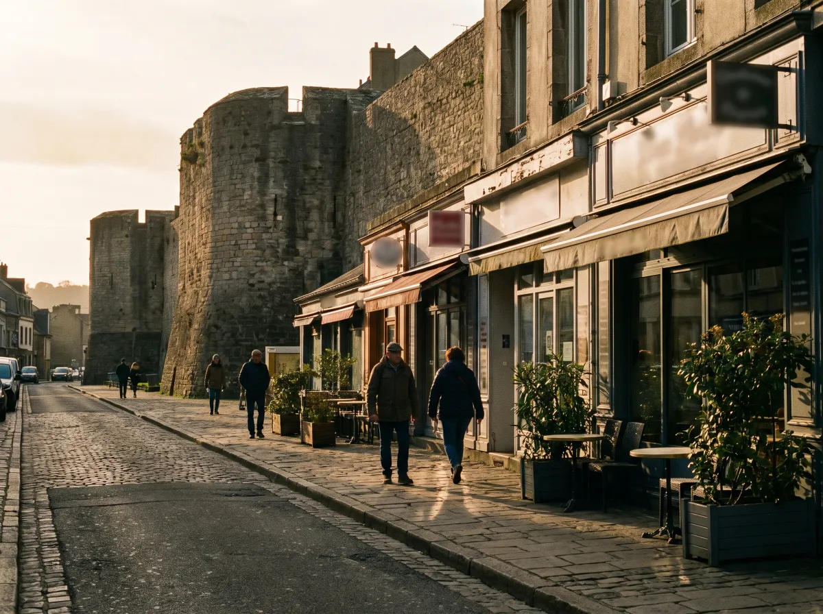 Rue pavée et terrasses au pied des remparts de la vieille ville de Boulogne-sur-Mer