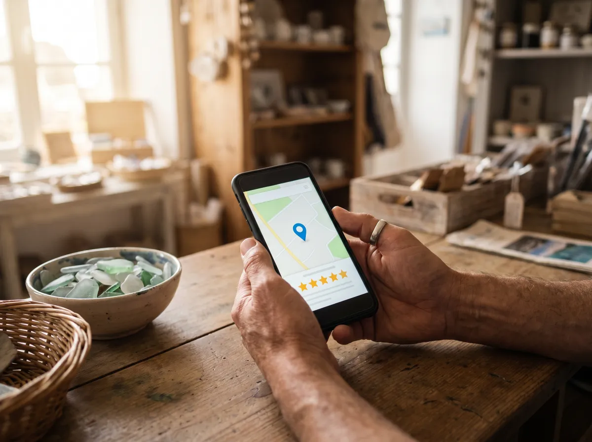Main tenant un téléphone qui affiche une fiche d'établissement avec une note en étoiles