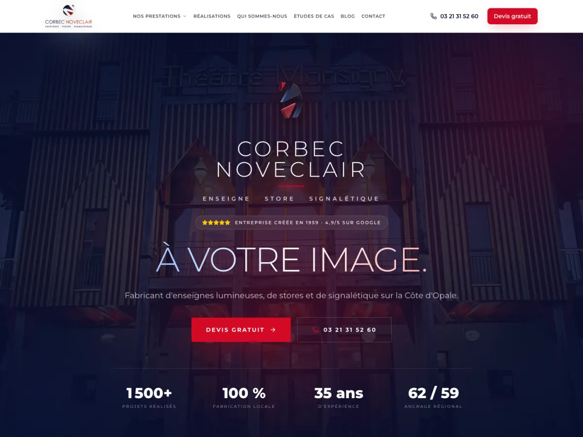 Page d'accueil du nouveau site de Corbec Noveclair, fabricant d'enseignes à Saint-Martin-Boulogne