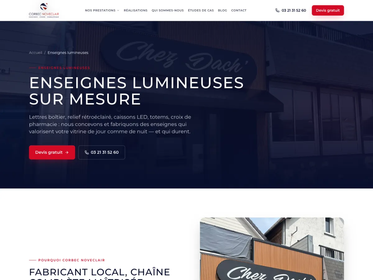 Page Enseignes lumineuses du site de Corbec Noveclair