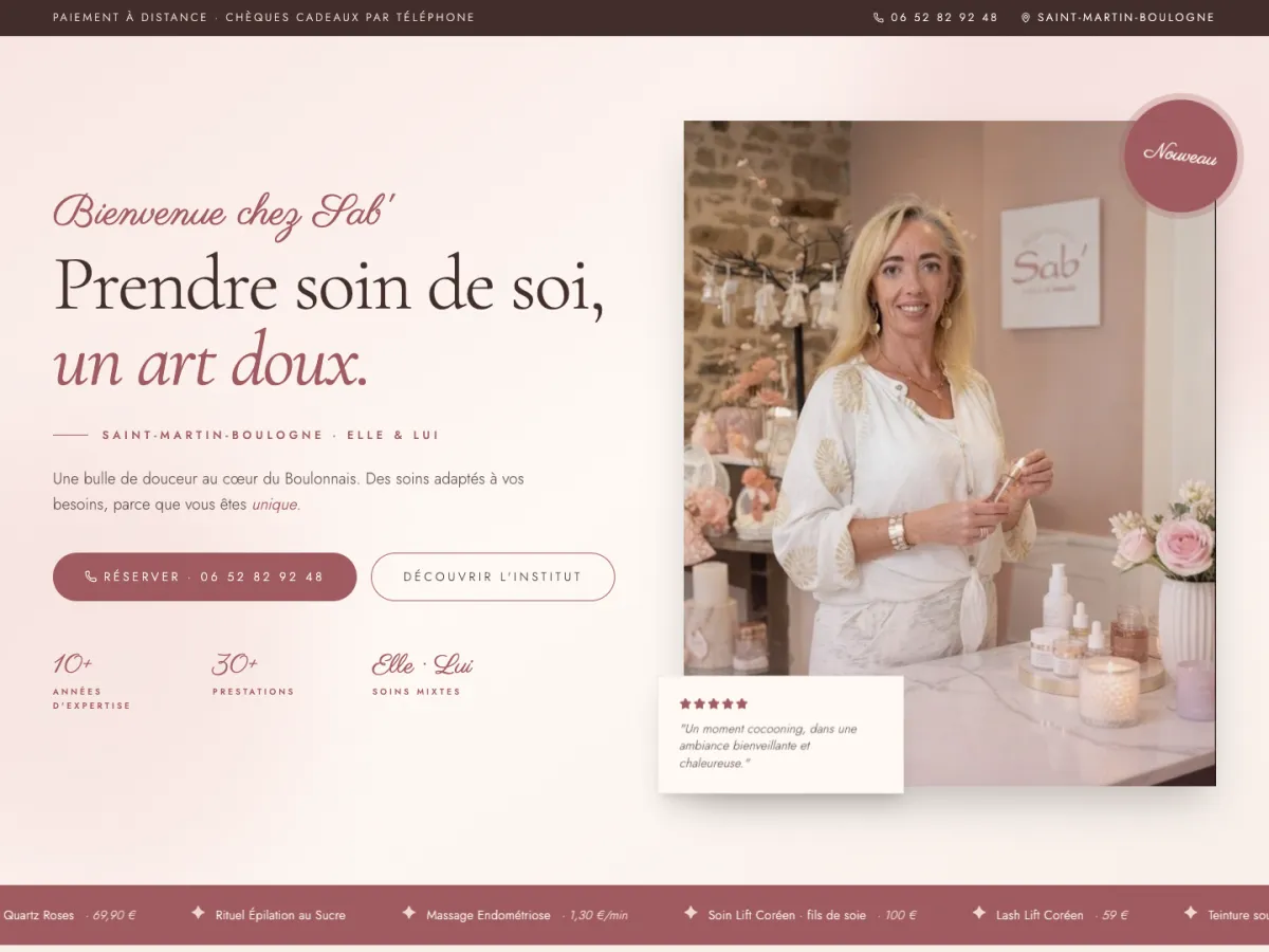 Page d'accueil du site de Sab' Institut de Beauté à Saint-Martin-Boulogne