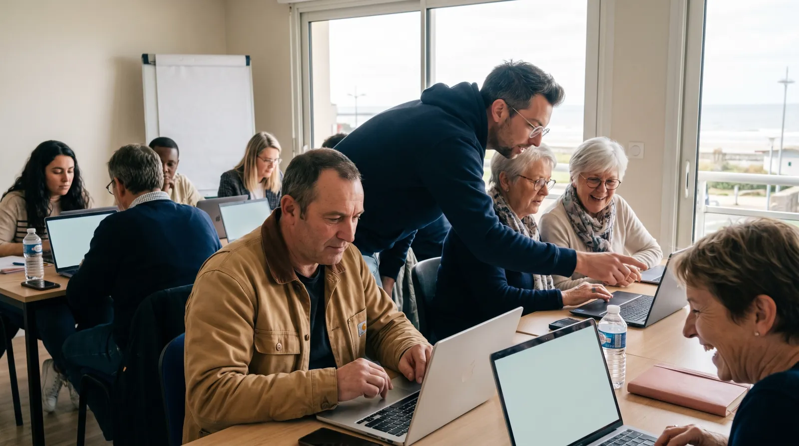 Des dirigeants travaillent en binôme sur leurs ordinateurs pendant l'atelier, le formateur aide deux participantes
