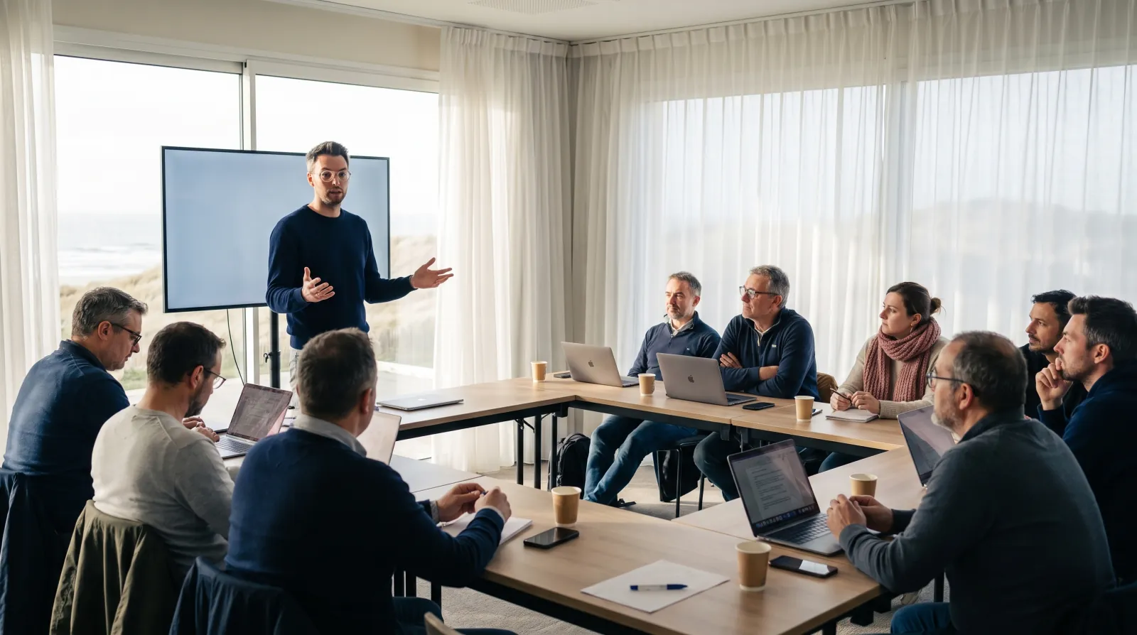 Atelier IA pour dirigeants de TPE : dix participants avec leurs ordinateurs dans une salle face à la mer, le formateur debout devant l'écran