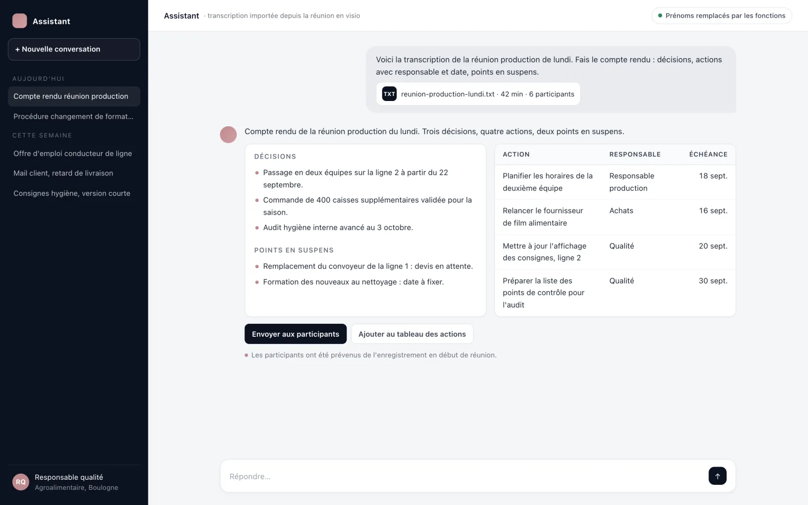 Capture d'écran : compte rendu de réunion de production généré à partir d'une transcription, avec décisions, actions et échéances