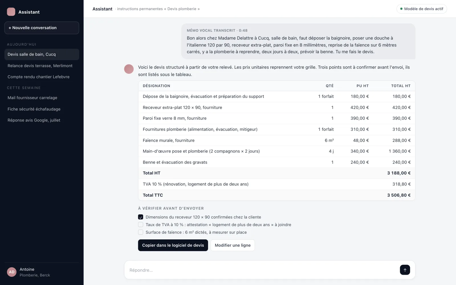 Capture d'écran : un relevé de chantier dicté au téléphone transformé en devis structuré par un assistant IA
