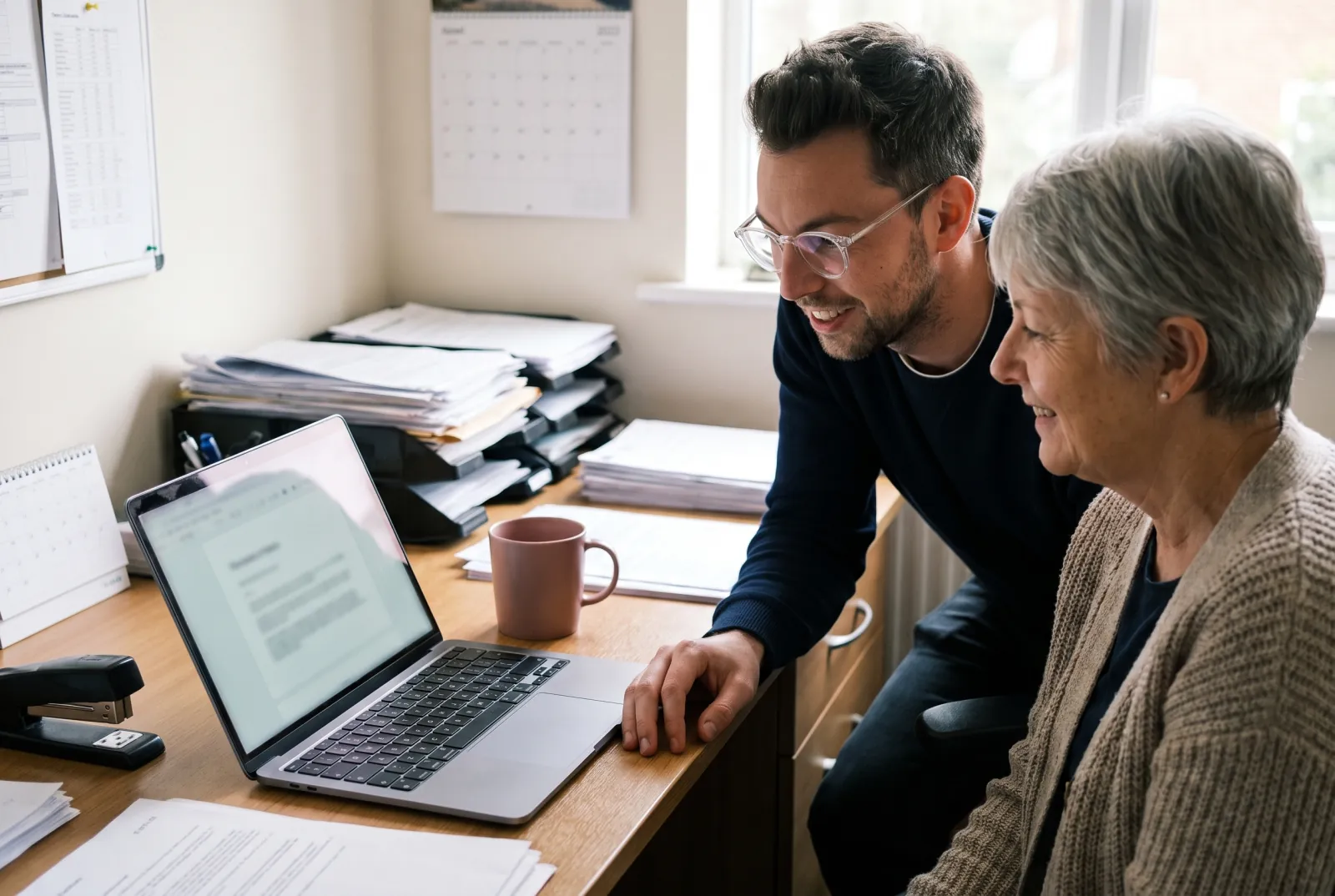 Le formateur, accroupi à côté d'une participante, regarde le document qu'elle produit sur son ordinateur