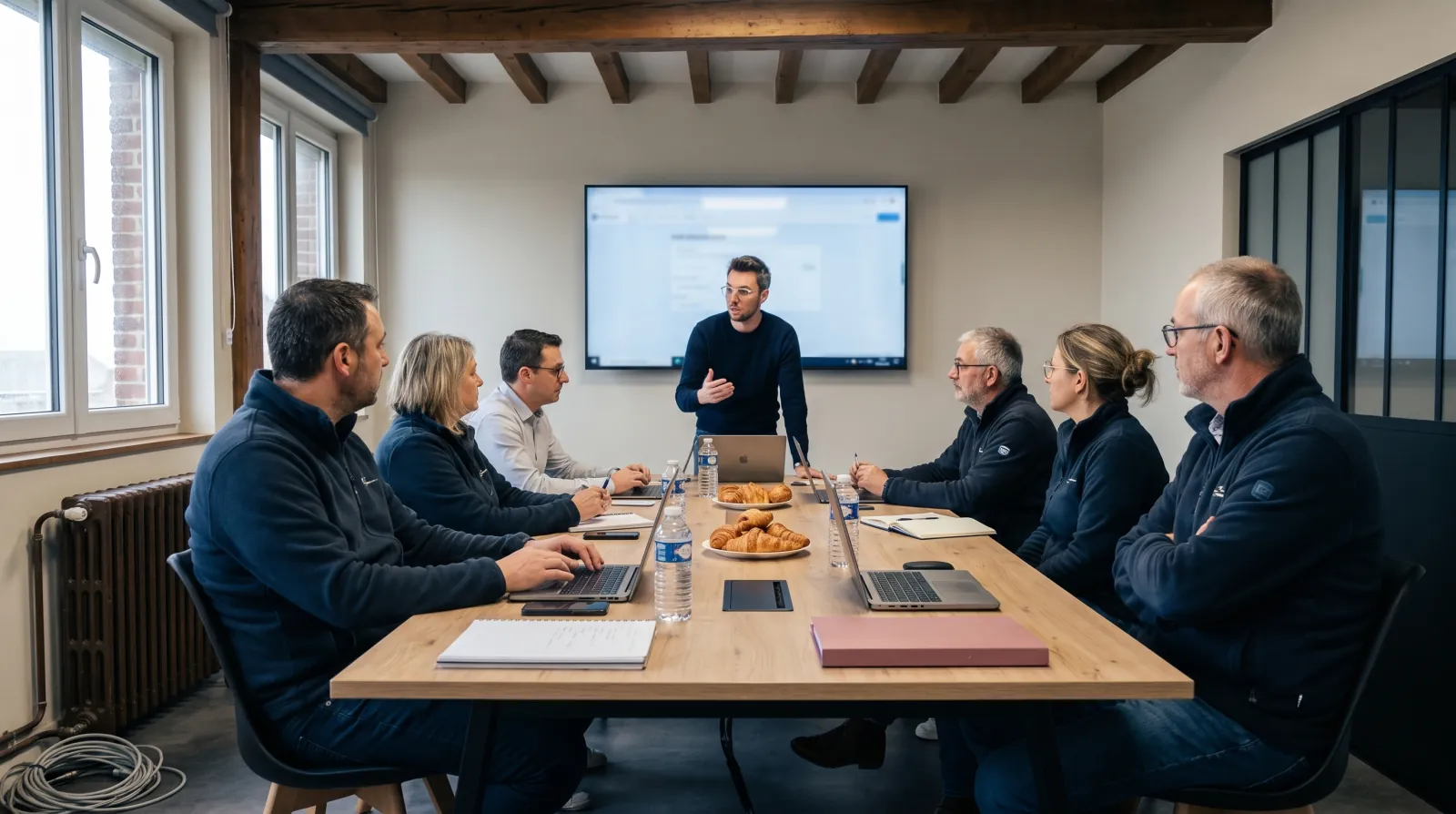 Formation IA dans la salle de réunion d'une PME : le formateur debout devant l'écran, six salariés avec leurs ordinateurs