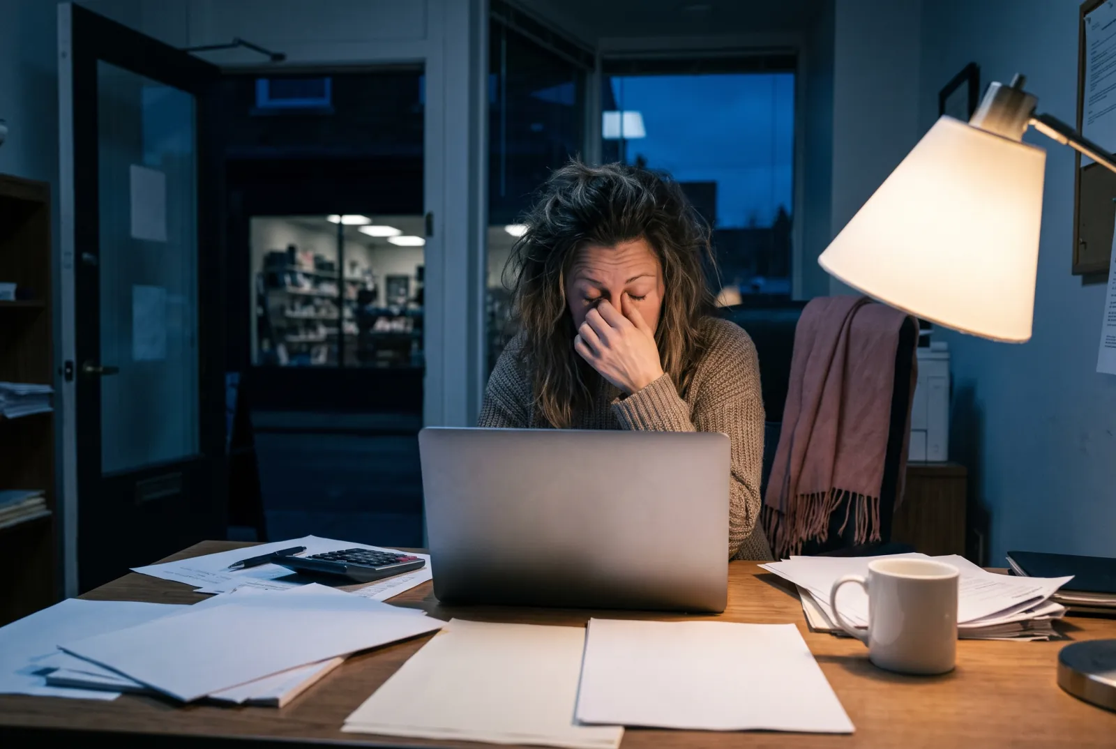 Une dirigeante de commerce termine sa paperasse tard le soir, seule devant son ordinateur