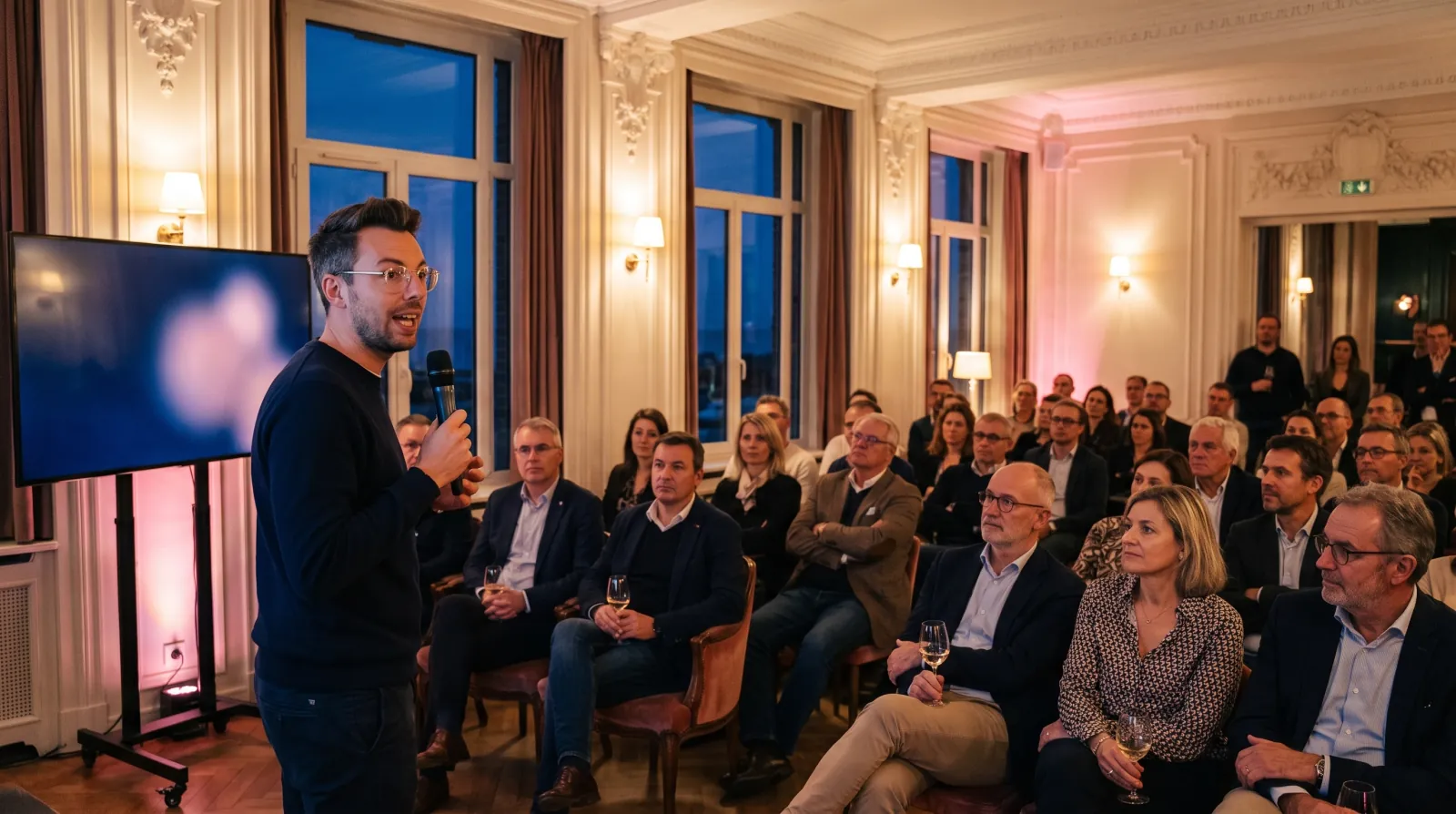 Une intervention sur l'IA devant une quarantaine d'entrepreneurs dans le salon d'un hôtel de Berck-sur-Mer, en soirée