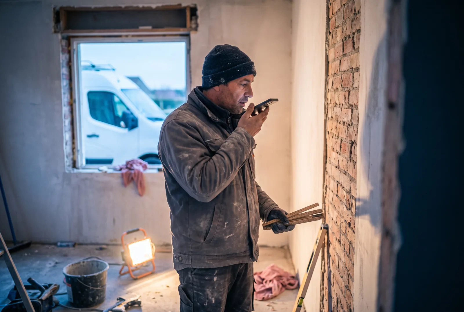 Un artisan dicte un mémo vocal sur son téléphone dans une maison en rénovation, sa camionnette visible par la fenêtre